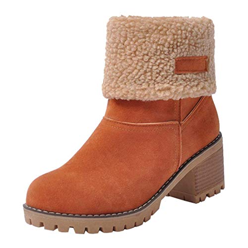 Inornever Women's Winter Short Boots Round Toe Suede Chunky Low Heel Faux Fur Warm Ankle Snow Booties Orange 5.5 B (M) US