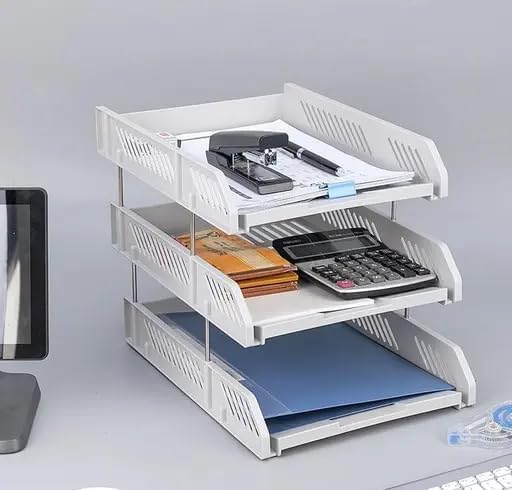 Image of 3 Layer Foldable File Rack | ABS Plastic Desk Organizer Tray for Office, School & Home | Multi-Tier Paper & Document Storage Shelf | Sturdy Off-White Finish