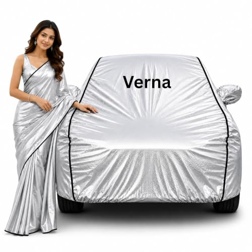 Image of 100% Waterproof Car Cover for Verna All Weather Protection with Mirror Pocket Inner Cotton Layer Triple Stitched Cover with Adjustable Belt Bottom Elastic to Secure Fit-Silver
