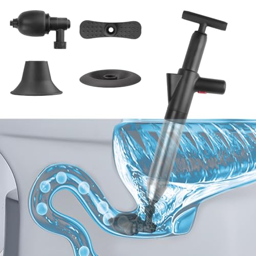 Image of High Pressure Toilet Plunger, 60CM Long Handle Air Drain Blaster with Barometer, 0.4Mpa Powerful Unclogger for Toilet Sink Shower Floor Drain, Splash-Proof Heavy Duty Plumbing Tool (Black)