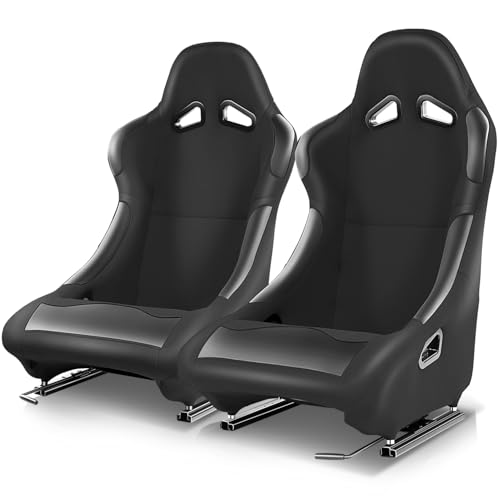 Auto Dynasty Pair of Racing Seat Universal Woven Fabric Vinyl Reclinable Bucket Seats with Bottom Mount Sliders For 4 Point Harness, 36" H x 21.5" W x 22" D, Driver & Passenger Side, Black