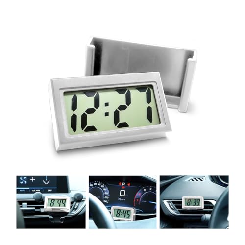 Image of Osilly Mini Digital Clock for Car Dashboard, Battery Operated & Clear LCD Screen Time Display, Small Digital Clock with Self-Adhesive Bracket (White)