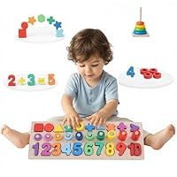 BEKILOLE Wooden Montessori Toys for Kids Toddler Number Puzzles Sorter Counting Shape Stacker Stacking Game Preschool Toys for Boy Girl Learning Education Math Blocks Year Old Girl Gifts (Rainbow)