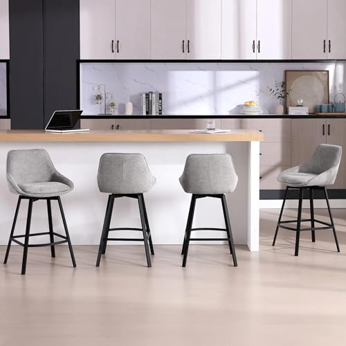 Image of Zesthouse Swivel Bar Stools Set of 4, Modern Counter Height Barstools with Backs, 26'' Upholstered Linen Fabric High Chairs for Island Kitchen, Counter Height Chairs with Metal Legs, Grey