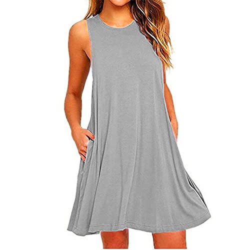 NUSGEAR 2023 Vestidos Corto sin Manga Mujer, Moda Fiesta Verano Basic Vestidos Color sólido Casual Cuello Redondo Elegante Vestido de Noche Cóctel Suelto Chaleco Bolsillos Playa Vacaciones Talla Grande