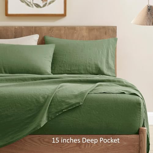 Image of ATLINIA 100% Pure Flax Linen Bedding Set - Stone Washed French Linen Fabric Deep Pocket Fitted Sheet Farmhouse Flat Sheet 2 Pillowcases (Green, California King)