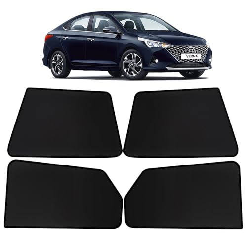 Image of OTO2EYE Car Sun Shade Compatible for Hyundai Verna Model-2020 to 2023, Z-Black Fix Type Side Window Curtains, Only Half Cut in Front Window, 4 Pieces Set
