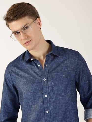Image of Thomas Scott Men's | Printed | Textured Fabric | Full Sleeve | Regular Fit | Linen Blend | Single Pocket | Spread Collar | Casual Shirt