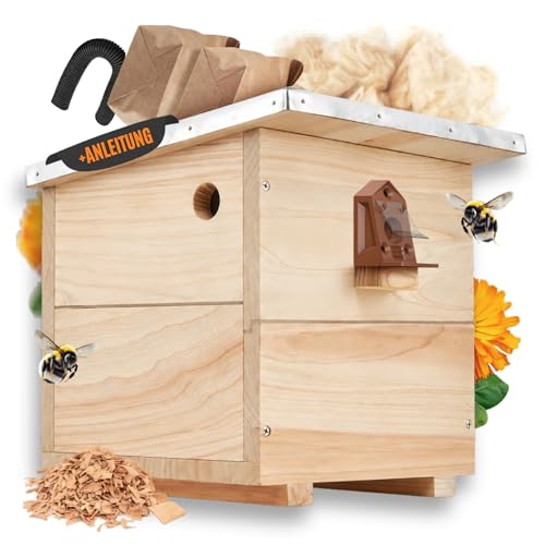 Hummelhaus groß inkl. Wachsmottensperre & Nistmaterial I Kapok Nistkarton Holzspäne I Hummelhotel Massivholz verschraubt I Hummelkasten mit Zubehör (mit Vorbau und Wachsmottensperre)