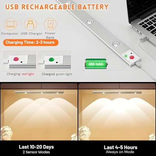 Image of One94Store 40cm Motion Sensor Under Cabinet LED, 400mAh Battery, Dimmable USB Rechargeable Closet Lamp, Wireless Stick-On for Wardrobe, Kitchen, Stairs (Pack of 1) Yellow