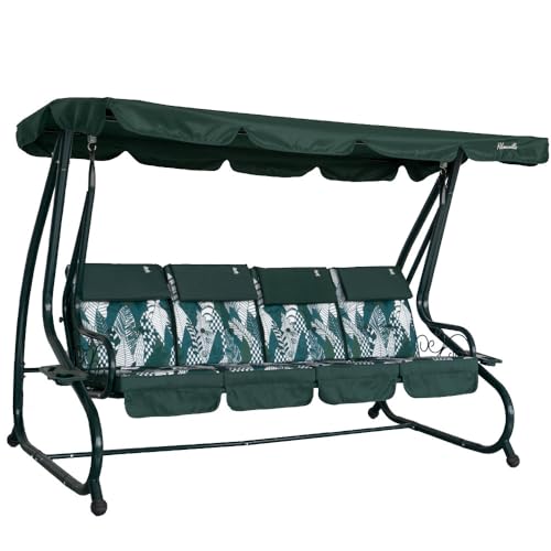 Dondolo reclinabile da giardino 4 Posti con funzione letto e tettuccio regolabile, cuscini imbottiti 7 cm con poggiatesta rimovibili e struttura in acciaio verniciato Mizar XL (Verde Matrix)