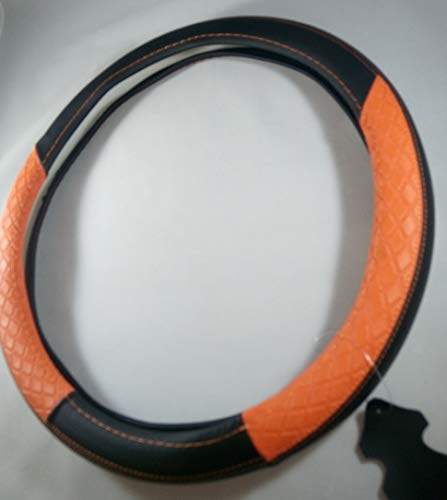 Jdragon Black & Orange Pu Leather Great Comfort Slip-On Steering Wheel Cover 14.25-15" Diameter #TOP5