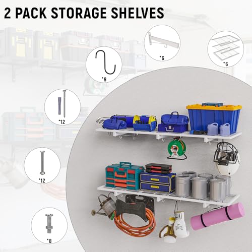 Image of 2 Pack Garage Wall Shelving, 46 inch x 12.5 inch Heavy Duty Storage Racks, Garage Shelves Wall Mounted with 8 Hooks, 320 LBS Capacity Floating Metal Shelf Organizer for Laundry Room, Basement, Workshop
