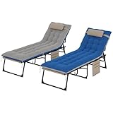 Outsunny Chaise Lounge Chair Outdoor Set of 2, 5-Position Adjustable Outdoor Pool Lounge Chairs, Folding Tanning Chair Beach Lounger with Cushion, Headrest, Side Pocket for Patio, Yard, Brown/Blue