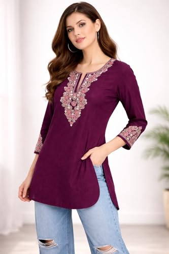 Image of HAUTEMODA Women Cotton Floral Embroidered Short Kurti, Tunic, Three-Fourth Sleeves, White