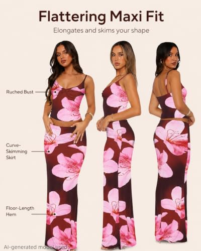 Image of Two Piece Skirt Set Women Maxi Long Skirt and Top Outfit | Soft stretchy 5 pc, slim bodycon, adjustable spaghetti straps, ruched crop tank, elastic waist, going out, beach vacation