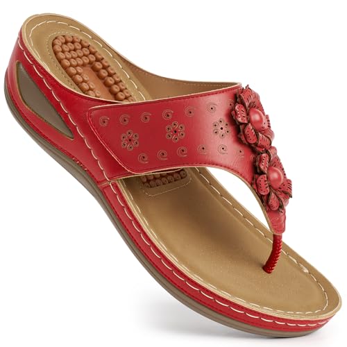 Image of Ecetana Womens Wedge Flip Flops: Orthopedic Cushion Non Slip Sandals - Comfortable Walking for All Day - Stylish Flower Adjustable Thong Sandals for Summer Casual Outing