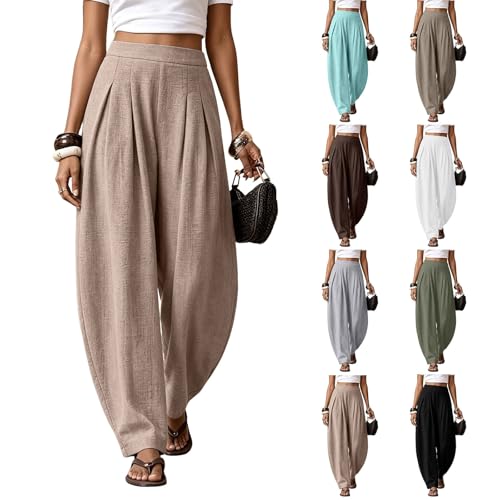 flowy pants for women summer Boho Linen Gauze Pants Barrel Palazzo Harem Pant Wide Leg 100% Linen Clothing People Petite Spring Summer Plus Size 2026 Beach Vacation Boho Baggy Gauze Pant with Pockets