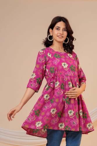 Image of THE Moon Star Women's Cotton Floral Printed Anarkali Maternity Feeding Kurti | Breastfeeding Dress for Mothers | Zipper Feeding Kurti, Nursing Kurti, Comfortable and Trendy Maternity Wear