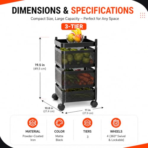 Image of Homeor 3 Layer Kitchen Trolley with Wheels | 360 Rotating Metal Storage Rack for Vegetables, Fruits, Onion & Spices | Square Multipurpose Kitchen Organizer Stand | Metal Kitchen Trolley, Matte Black