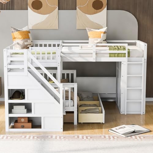 HiHomely Twin-Over-Full L-Shaped Bunk Bed with 3 Drawers, Portable Desk & Wardrobe – Space-Saving Kids’Bedroom in White