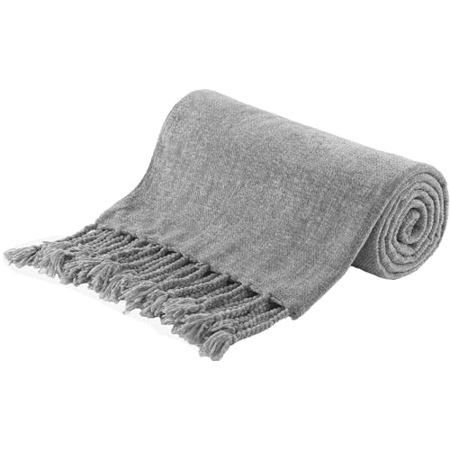 BATTILO HOME Light Gray Chenille Throw Blanket for Couch, Soft Cozy Textured Knit Throw Blanket with...