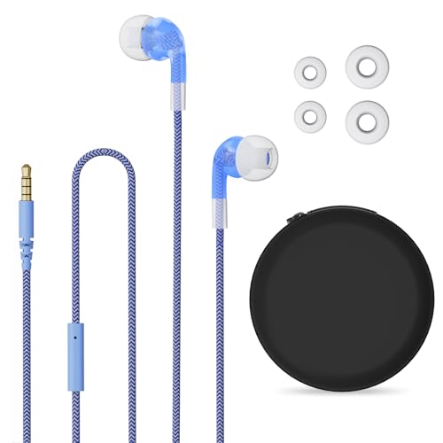 Geekria Kids Wired Earbuds with Mic & Volume Control for School and Online Class, Children's 3.5mm Jack In-Ear Earphone with 85dB Volume Limit for Small Ears, Storage Case Included (Blue)