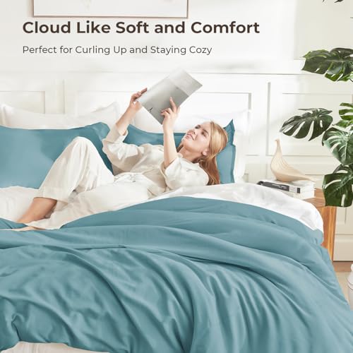Image of Litanika Oversized King Comforters Grayish Teal Super King Plus Size, 3 Pieces Lightweight Solid Bedding Comforter Set, All Season Fluffy Bed Set (128x120In Comforter & 2 Pillowcases)
