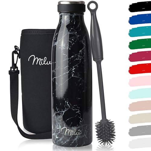 Milu Edelstahl Trinkflasche 350ml 500ml 750ml 1L 1,5L Thermosflasche, Isolierte Wasserflasche, Auslaufsichere Isolierflasche doppelwandig, Kohlensäure geeignet – inkl. Reinigungsbürste (Granit, 500ml)