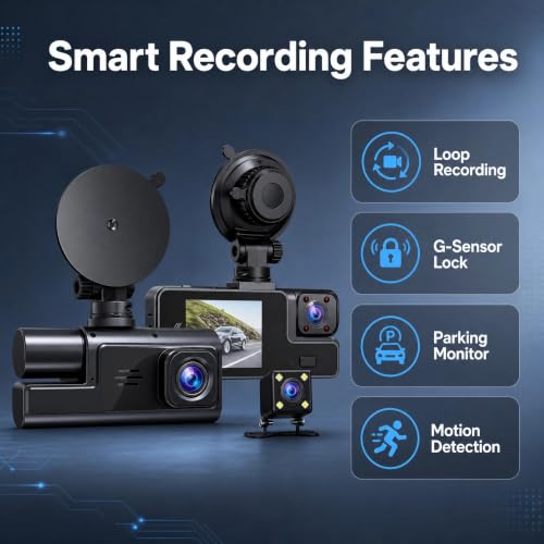 1080P 3 Channel Dash Cam, Wi-Fi DashCam, 1080P Front and Rear Inside, 2’’ Display Mini Car Camera, HDR Night Vision, Loop Recording, G-Sensor, 24H Parking Mode, 170°Wide Angle (Black) - image 2