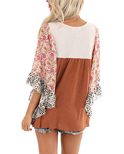 CASURESS Womens Floral Printed 3 4 Sleeve Shirt Batwing Loose Tops Blouses Pullover3