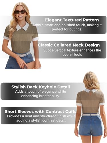 Image of Leriya Fashion Women's Ribbed Knit Polo Top - Short Sleeve Slim Fit Collared T-Shirt, Lightweight Breathable Summer Casual Blouse for Office, Daily, Vacation & Street Style