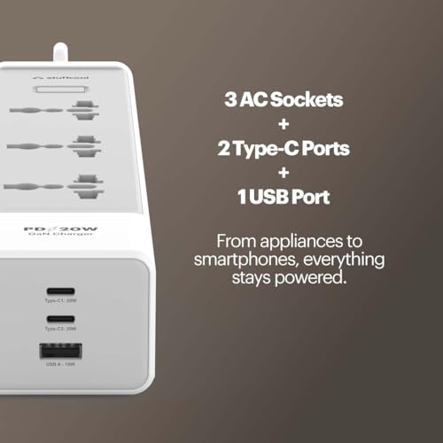 Image of Stuffcool Chargestrip 20W Extension Board with Surge Protector, 3 Universal AC Sockets and 20W Type-C PD, 18W USB-A Fast Charging, Charges iPhones & Pixels up to 50% in 30 Mins, Made in India
