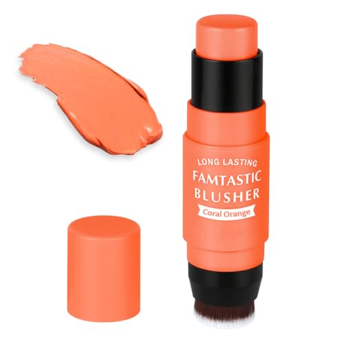 BUTBU Blush Stick 2 en 1, Fard à Joues en Stick Double Extrémité avec Pinceau Intégré, Blush Crème Haute Pigmentation Longue Durée, Stick Maquillage Polyvalent pour Joues et Lèvres（03Orange corail）