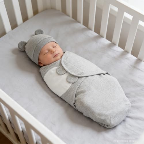 Image of Baby Swaddle Sleep Sack with Hat Set, Grey Rabbit | 3-pack Cotton Nursery Swaddling Blankets for Infant 0-3 Months, Newborn Registry Essentials