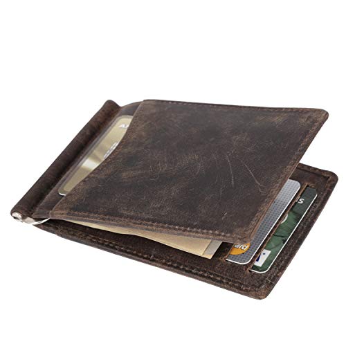 Slim Real Mini Money Clip- Mens Wallet Slim Front Pocket RFID blocking Card Holder- Bifold Crazy Horse Leather, Thin Business Credit Card Holder SD 002 (Vintage)