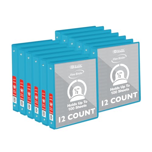 Image of BAZIC Products 1 /2 in Cyan 3-Ring View Binder, 2 Pockets, 100 Sheet Capacity, for School Office Home, Case of 12 | round rings, 1 /2 in Cyan view 3-ring binder, 2 inside pockets, holds up to 100 sheets, Durable poly cover