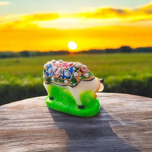 Image of Kamdhenu Cow and Calf Idol for Home Decor | Marble Finish Gau MATA Murti | Vastu Showpiece for Home Temple Pooja Room Office Desk | Spiritual Religious Gift | Housewarming Diwali Decor | Multicolor