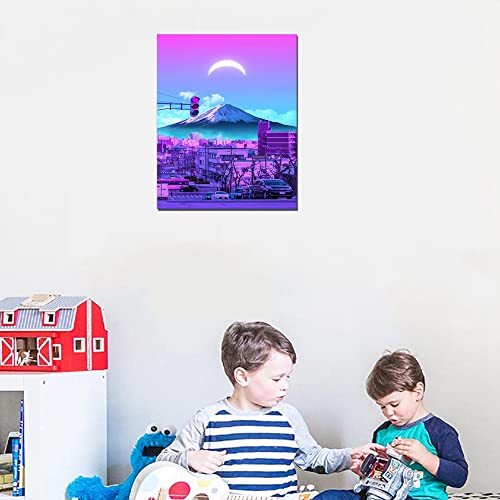 Taomi Mount Fuji Under The Moon Purple Japan Landscape Poster For Living Room Wall Art Frame Japanese Fantasy Artwork Office Home Bathroom Décoration Canvas Print Ready To Hang 12X14Inch #TOP4