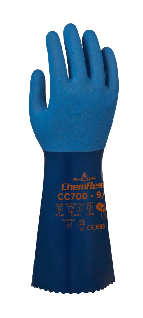 SHOWA CC700 Double-Dipped Nitrile Chemical and Cut Resistant Safety Work Gloves with HPPE Liner, ANSI A5 Cut Rated (12 Pair)