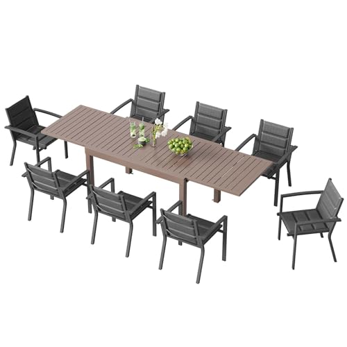 TRIUMPHKEY 8 Personen Gartenmöbel-Set aus Aluminium, inkl 1ausziehbarer Tisch (130-260 cm) & 8 stapelbare Stühle Balkon und Terrassen Lounge Set,Braun