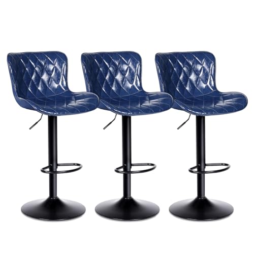 Image of Youhauchair Adjustable Faux Leather Bar Stools Set of 3, Blue1 | Swivel, Counter Height, Back & Footrest, Armless, PU, Modern, Kitchen Island Stool, Upholstered Dining Room Chair