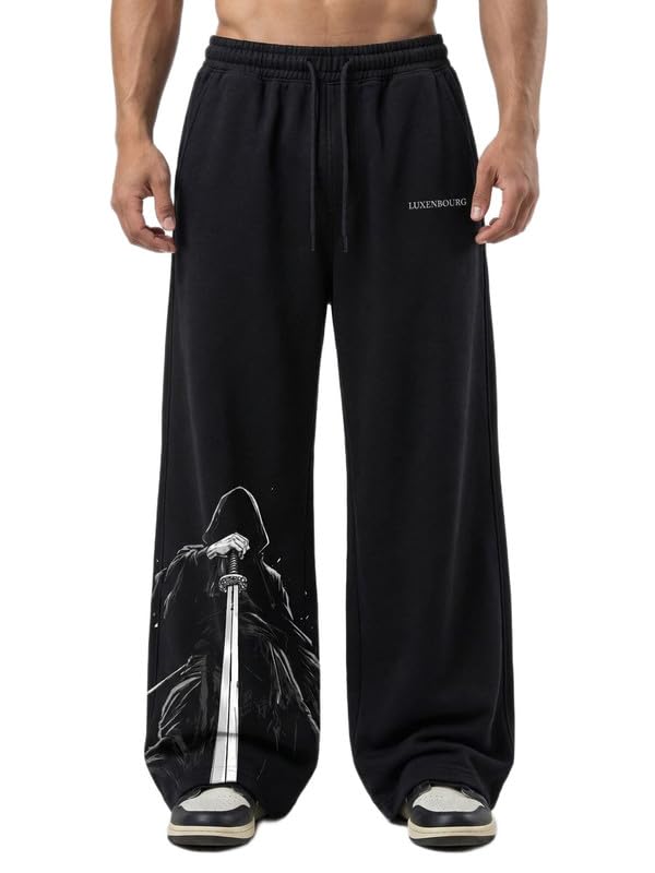 Cotton Printed Baggy Track Pants for Mens| Oversized Wide Leg Relaxed Fit Sweatpants | Elastic Waist Drawstring Casual Lounge Gym Streetwear Lower with Pockets-picture-10