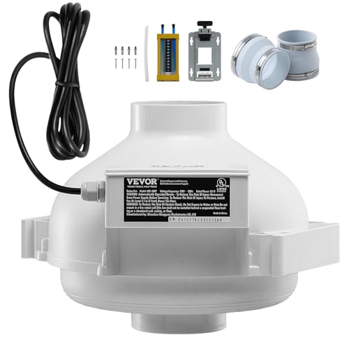 VEVOR Kit de Instalación de Ventilador de Mitigación de Radón Silencioso de 190 CFM con 2 Acopladores, Indicador de Presión, Ventilador de Conducto en Línea Impermeable, 305 x 320 x 235 mm, Blanco