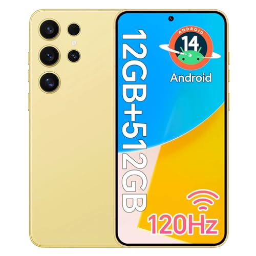 スマートフォンT24Ultra Android 14 スマホ 本体 SmartPhone 12GB+512GB 6.7"HD+大画面 120Hz 108MPカメラ8コアSnapdragonプロセッサ 5000mAhバッテリ ー 顔/指紋認証/携帯電話/5G-LTE通話/GPS (チタニウム・イエロー)
