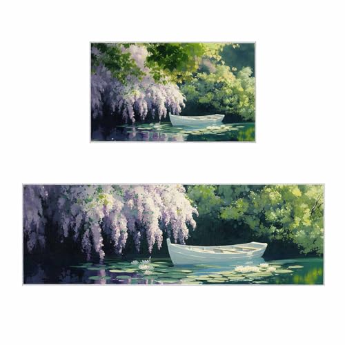2 Pieces Kitchen Rugs and Mats,Green Tree Leaf Flower Boat on Lake Area Runner Rug Set Non Slip Floor Doormat Washable Carpet Standing Mat for Kitchen Sink Indoor Corridor,Natural Forest Landscape