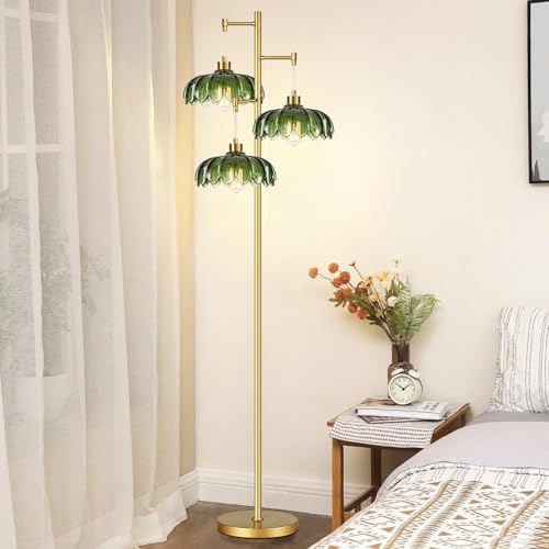 Image of ILLMTW Glass Gold Floor Lamp for Living Room,Bedroom,Mid Century Modern Standing Lamp Brass Tree 3 Light Tall Floor Lamps Vintage Retro Floor Lights Green Flower Lamp Shade Farmhouse Boho Bohemian