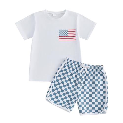 JLKGICF Toddler Boys 4th of July Outfit Flag Print T-Shirt Checkerboard Shorts Set Fourth of July Outfit Summer Clothes (White+15 2-3 Years)