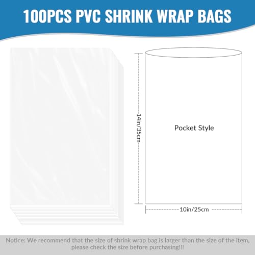 Image of Shrink Wrap Bags 100PCS 10x14 Inches Clear PVC Heat Seal Bags Heat Shrink Wrap Bags for Soap, Bath Bomb, Book, Shoes, Jars, Film DVD /CD, Candles, Homemade DIY Projects, Christmas Gift, Halloween