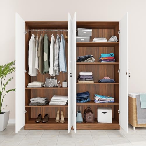 Image of VIKI Wardrobe |Wooden Almirah for 4 Door Shelves & Hanging Space Mirror Wardrobe (Walnut |White - 40D x 160W x 180.8H) | 1 Year Warranty | Free Assembly